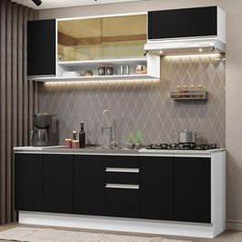 Cozinha Completa Madesa Glamy 240003 com Armário e Balcão (Sem Tampo e Pia) - Branco/Preto Branco/Preto