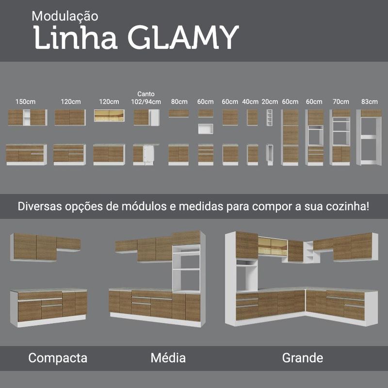 Armário de Cozinha Completa 260cm Branco/Rustic Glamy Madesa 03