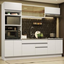 Cozinha Completa Madesa Glamy 270010 com Armário e Balcão (Sem Tampo e Pia) - Branco Branco
