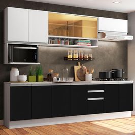 Cozinha Completa Madesa Genova com Armário e Balcão (Sem Tampo e Pia) Branco/Preto/Branco