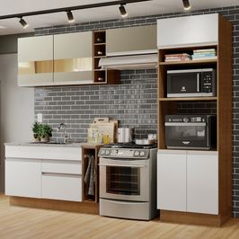 Cozinha Completa Madesa Cristal com Armário e Balcão (Sem Tampo e Pia) - Rustic/Branco/Crema Rustic/Branco/Crema