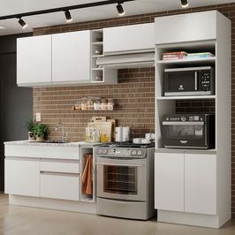 Cozinha Completa Madesa Cristal com Armário e Balcão (Sem Tampo e Pia) Branco/Branco/Crema