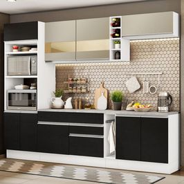 Cozinha Completa Madesa Vicenza com Armário e Balcão + Tampo - Branco/Preto/Crema Branco/Preto/Crema