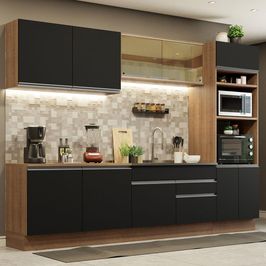 Cozinha Completa Madesa Glamy 310001 com Armário e Balcão (Sem Tampo e Pia) - Rustic/Preto Rustic/Preto