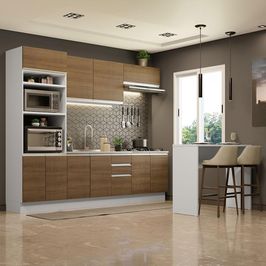 Cozinha Completa Madesa Glamy 315002 com Armário, Balcão e Bancada (Sem Tampo e Pia) - Branco/Rustic Branco/Rustic