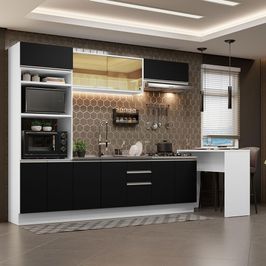 Cozinha Completa Madesa Glamy 315001 com Armário, Balcão e Bancada (Sem Tampo e Pia) - Branco/Preto Branco/Preto