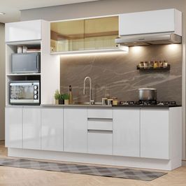 Cozinha Completa 100% MDF Madesa Acordes 270007 com Armário e Balcão - Frentes Branco Brilho Branco