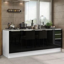 Kit com 2 Balcões de Cozinha Madesa Lux 4 Portas 3 Gavetas (Sem Tampo e Pia) Branco/Preto Branco/Preto