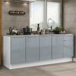 Kit com 2 Balcões de Cozinha Madesa Lux 4 Portas 3 Gavetas (Sem Tampo e Pia) Branco/Cinza Branco/Cinza