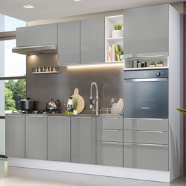 Armário de Cozinha Completa 260cm Branco/Cinza Lux Madesa 08 Branco/Cinza