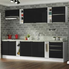 Armário de Cozinha Completa 300cm Branco/Preto Lux da Sabrina Madesa Branco/Preto