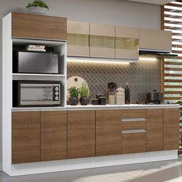Cozinha Completa 100% MDF Madesa Smart 250 cm Com Balcão e Tampo - Branco/Rustic/Crema Branco/Rustic/Crema