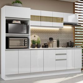 Cozinha Completa 100% MDF Madesa Smart 250 cm Com Balcão e Tampo - Frentes Branco Brilho Branco