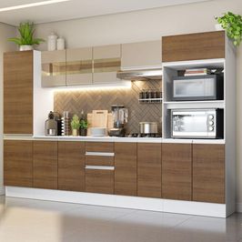Cozinha Completa 100% MDF Madesa Smart 300 cm Com Armário e Balcão - Branco/Rustic/Crema Branco/Rustic/Crema