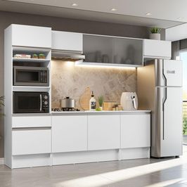 Cozinha Completa Madesa Topazio 300001 com Armário, Balcão e Tampo - Branco Branco