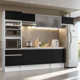 Cozinha Completa Madesa Topazio 300001 com Armário, Balcão e Tampo - Branco/Preto Branco/Preto