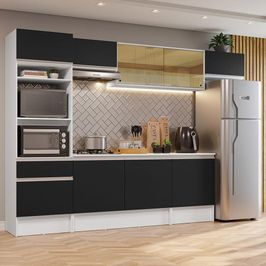 Armário de Cozinha Completa 300cm Branco/Preto Diamante Madesa 02 Branco/Preto