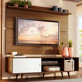 Rack Madesa Dubai e Painel para TV até 65 Polegadas com Pés - Rustic/Branco 6E5Z Rustic/Branco/Rustic