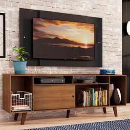 Rack Madesa Cancun e Painel para TV até 58 Polegadas com Pés - Rustic/Preto 5ZD8 Rustic/Preto