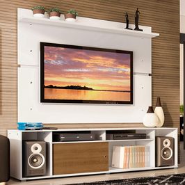 Rack Madesa Cancun e Painel para TV até 65 Polegadas - Branco/Rustic/Branco Branco/Rustic/Branco
