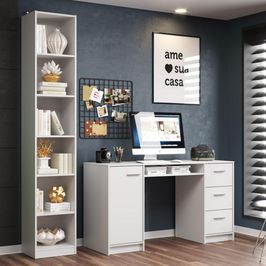 Escrivaninha Madesa Alaska + Estante Livreiro 6906 - Branco Branco