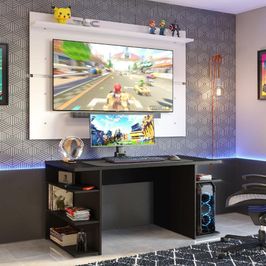 Mesa para Computador Gamer Madesa 9409 e Painel para TV até 65 Polegadas - Preto/Branco Preto/Branco