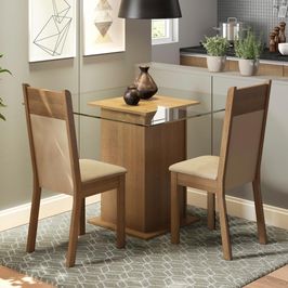 Conjunto Sala de Jantar Madesa Moni Mesa Tampo de Vidro com 2 Cadeiras - Rustic/Crema/Sintético Bege Rustic/Crema/Pérola