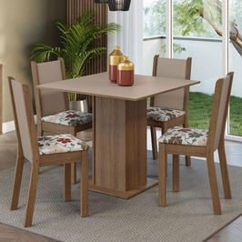 Conjunto Sala de Jantar Mesa Tampo de Madeira 4 Cadeiras Rustic/Crema/Hibiscos Alana Madesa Rustic/Crema/Hibiscos
