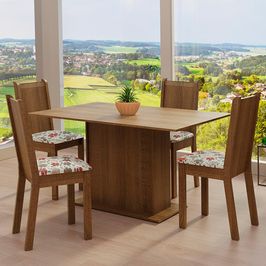 Conjunto Sala de Jantar Madesa Luana Mesa Tampo de Madeira com 4 Cadeiras - Rustic/Floral Hibiscos Rustic/Floral Hibiscos