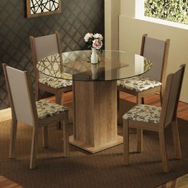 Conjunto Sala de Jantar Madesa Nanda Mesa Tampo Vidro Redondo 4 Cadeiras - Rustic/Crema/Bege Rustic/Crema/Bege Marrom
