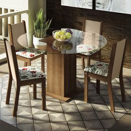 Conjunto Sala de Jantar Madesa Madu Mesa Tampo de Vidro Redondo 4 Cadeiras - Rustic/Crema/Hibiscos Rustic/Crema/Hibiscos