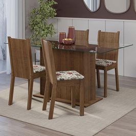 Conjunto Sala de Jantar Mesa Tampo de Vidro 4 Cadeiras Rustic/Floral Hibiscos Espanha Madesa Rustic/Hibiscos