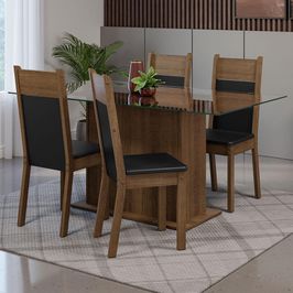 Conjunto Sala de Jantar Mesa Tampo de Vidro 4 Cadeiras Rustic/Preto Savana Madesa Rustic/Preto