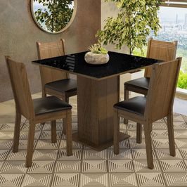 Conjunto Sala de Jantar Mesa Tampo de Vidro 4 Cadeiras Rustic/Preto Perla Madesa Rustic/Preto