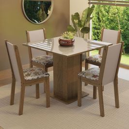 Conjunto Sala de Jantar Mesa Tampo de Vidro 4 Cadeiras Rustic/Crema/Hibiscos Tifani Madesa Rustic/Crema/Hibiscos