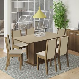 Conjunto Sala de Jantar Madesa Ohana Mesa Tampo de Madeira 6 Cadeiras - Rustic/Crema/Sintético Bege Rustic/Crema/Pérola