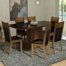 Conjunto Sala de Jantar Mesa Tampo de Vidro 6 Cadeiras Preto/Rustic Francine Madesa Preto/Rustic