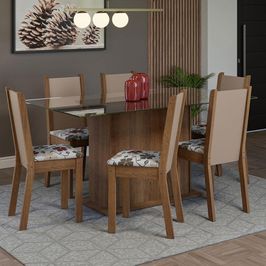Conjunto Sala de Jantar Mesa Tampo de Vidro 6 Cadeiras Rustic/Crema/Floral Hibiscos Yolanda Madesa Rustic/Crema/Hibiscos