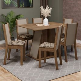 Conjunto Sala de Jantar Mesa Tampo de Madeira 6 Cadeiras Rustic/Crema/Bege Marrom Wendy Madesa Rustic/Crema/Bege Marrom