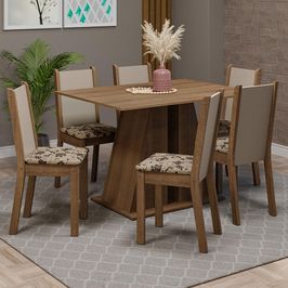 Conjunto Sala de Jantar Mesa Tampo de Madeira 6 Cadeiras Rustic/Bege Marrom Wendy Madesa Rustic/Bege Marrom