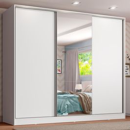 Guarda Roupa Infantil 100% MDF Madesa Logan 3 Portas de Correr com Espelho - Branco Branco