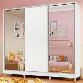 Guarda Roupa Infantil 100% MDF Madesa Logan 3 Portas de Correr com Espelhos com Pés - Branco Branco