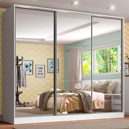 Guarda Roupa Infantil 100% MDF Madesa Logan 3 Portas de Correr de Espelho - Branco Branco
