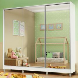 Guarda Roupa Infantil 100% MDF Madesa Logan 3 Portas de Correr de Espelho com Pés - Branco Branco