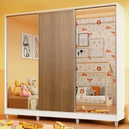 Guarda Roupa Infantil 100% MDF Madesa Logan 3 Portas de Correr com Espelhos com Pés - Branco/Rustic Branco/Rustic