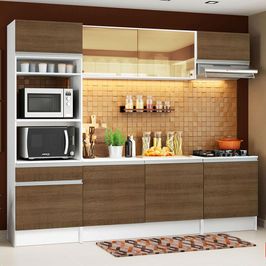 Armário de Cozinha Completa Madesa Diamante com Balcão e Tampo - Branco/Rustic Branco/Rustic