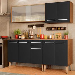 Armário de Cozinha Completa Madesa Emilly Box com Balcão e Aéreo Vidro - Rustic/Preto Rustic/Preto