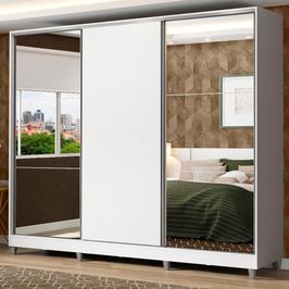 Guarda Roupa Casal 100% MDF Madesa Zurique 3 Portas de Correr com Espelhos com Pés - Branco Branco