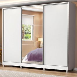 Guarda Roupa Casal 100% MDF Madesa Zurique 3 Portas de Correr com Espelho com Pés - Branco Branco