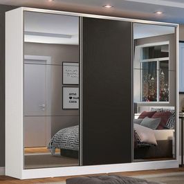 Guarda Roupa Casal 100% MDF Madesa Zurique 3 Portas de Correr com Espelhos - Branco/Preto Branco/Preto